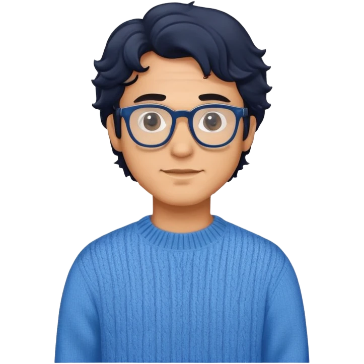Man with wavy black hair in a comfortable blue sweater and glasses emoji