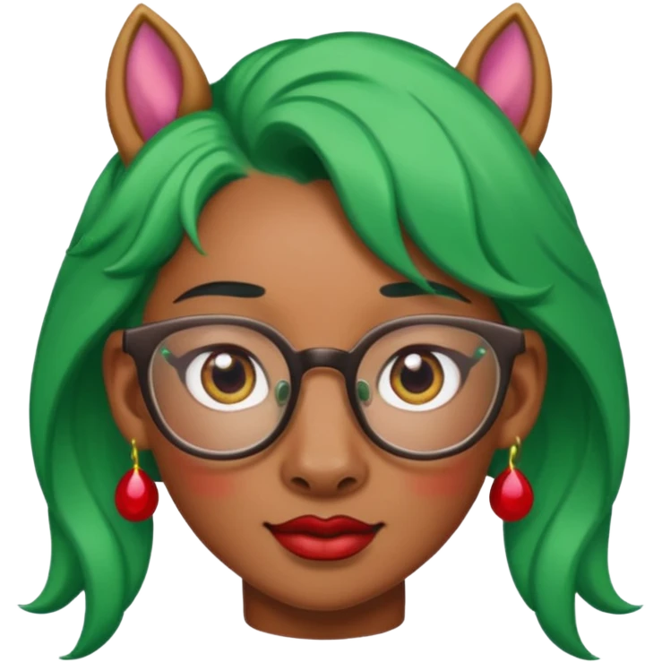 unicorn with green hair and big red earrings looking into camera and spectacle emoji
