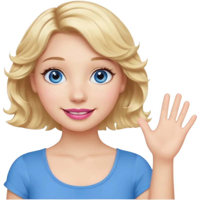 Girl Blonde short wavy hair,  blue eyes, cute blue top, long lashes, pink lips, smiling, waving hello  emoji