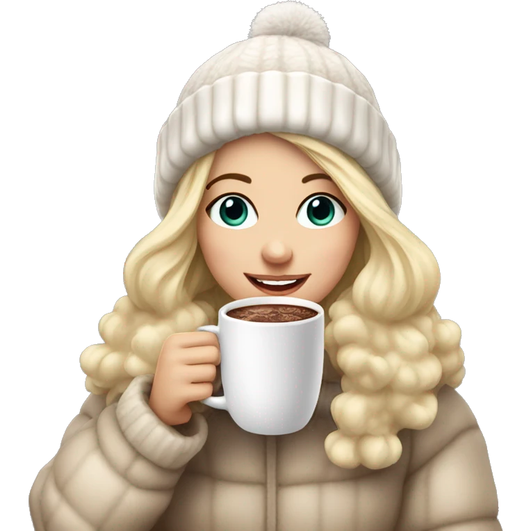 Blonde girl in a fluffy bobble hat holding hot chocolate emoji