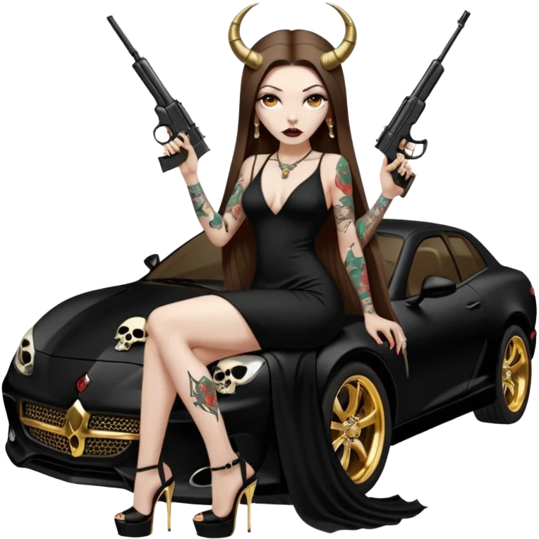 Sensual woman long brown straight haired sexy drug lord woman with tattoos on arm sleeves and black thick butt platform high heels on her feet, and devil black horns on her head, she is holding a skull head and a gun. Sitting on gold car full of gold , long black dress with sexy slit emoji