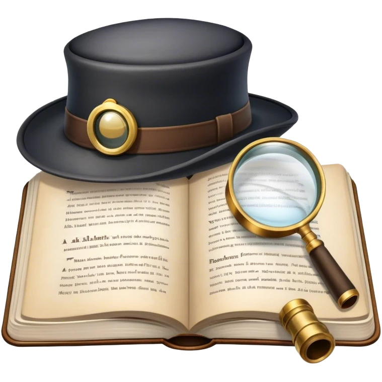 Icon for Detective Reading: an open book with text and a magnifying glass, a detective’s hat and a notebook with clues, surrounded by dark shadows and mysterious elements like footprints and a smoking pipe. Transparent background. emoji