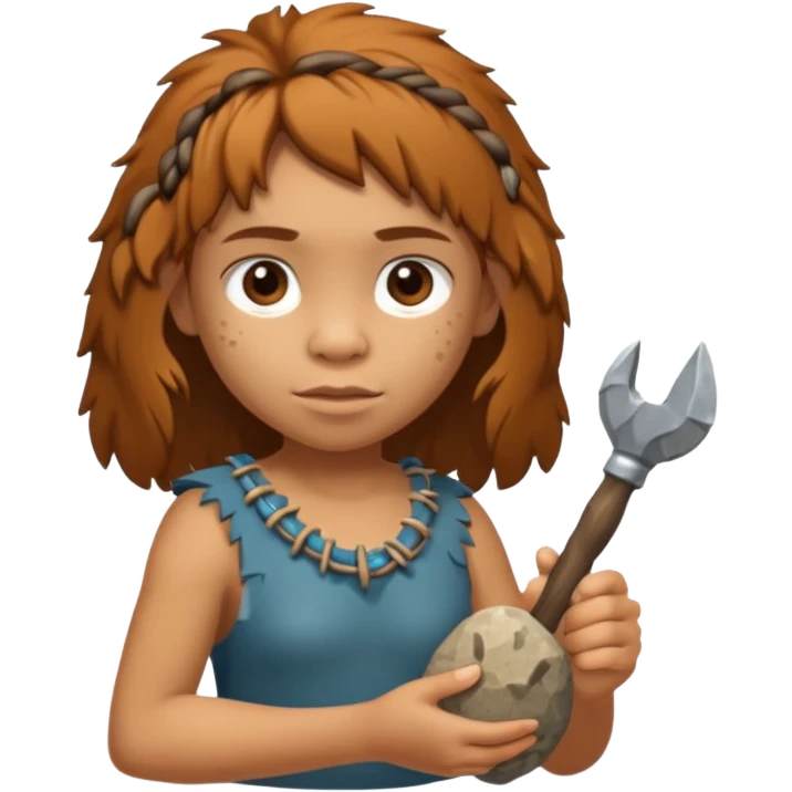 cartoon Neanderthal girl kid holding a stone tool emoji