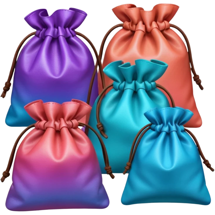 coins  pack in gradient of turquoise, blue, pink, purple, and coral color in leather brown bag emoji