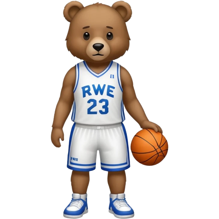 Bear with full body and wearing basketball white  jersey that says RWE  emoji