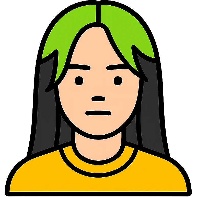 minimalist icon of Billie Eilish with signature green roots, neutral face emoji