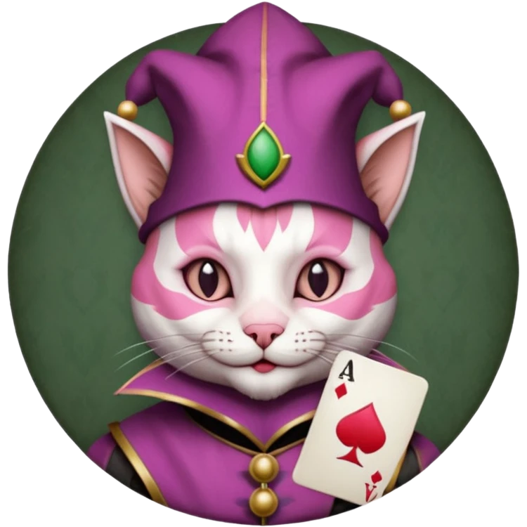 court jester cat medieval, single poker card joker clearly visible, pink, face only, round badge, court jester cap emoji