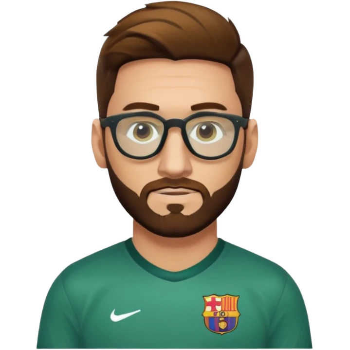 Un hombre castaño con el pelo como el de messi con barba peliroja con ojos de color miel ropa floja camisa verde y con lentes de sol emoji