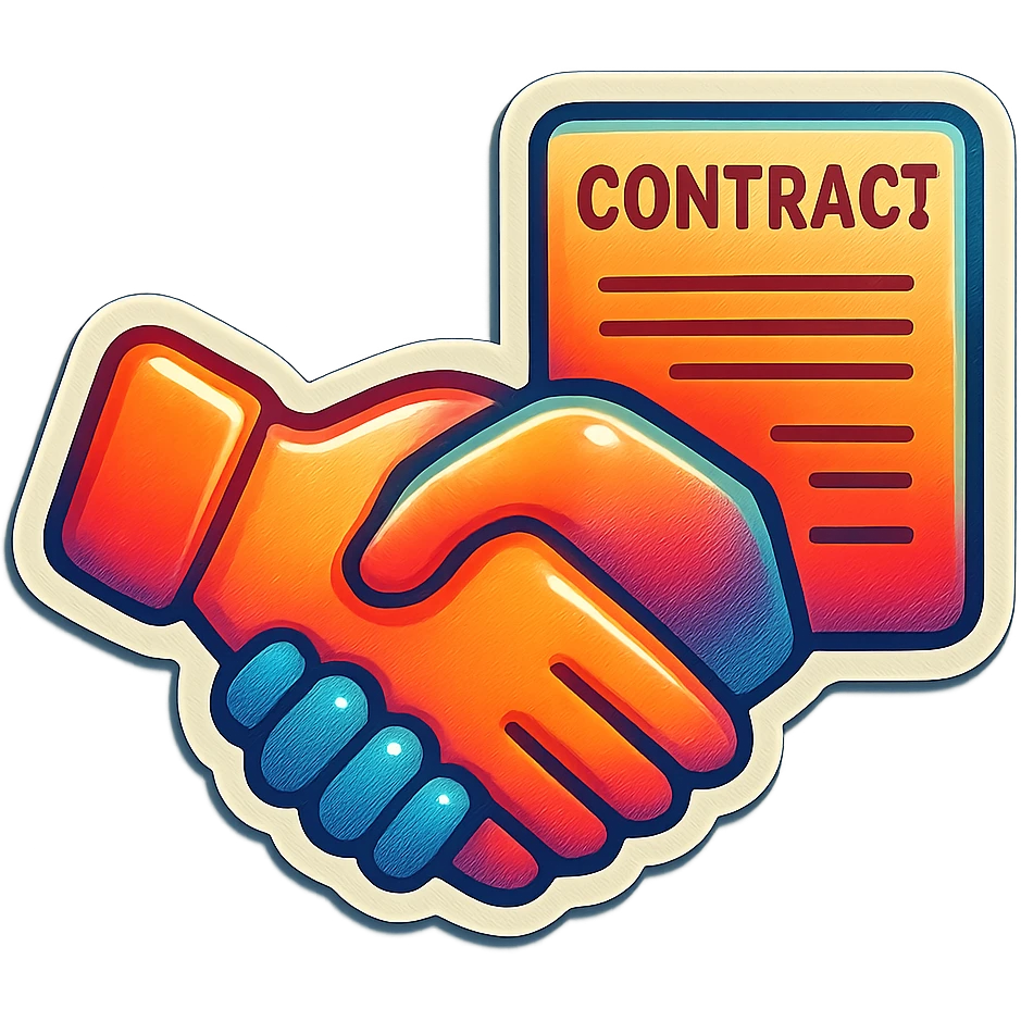 A handshake agreement in retro stickers style, with two hands shaking and a vintage contract emoji