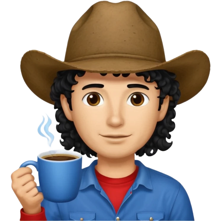 Ranch hand with blue hat and coffee mug, curly black hair, red shirt emoji