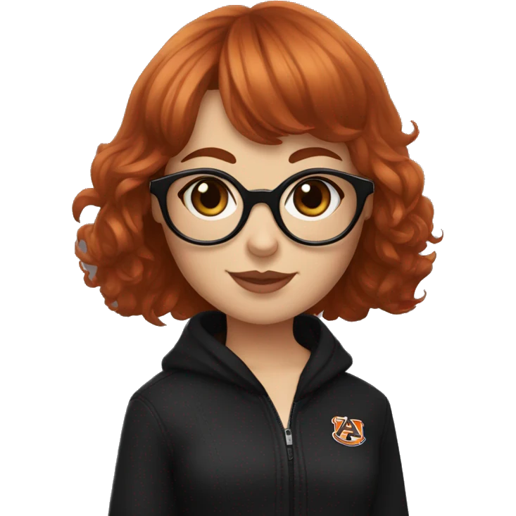 Auburn red-haired girl with bangs and short hair and black glasses and black clothes holding a Cavalier puppy emoji