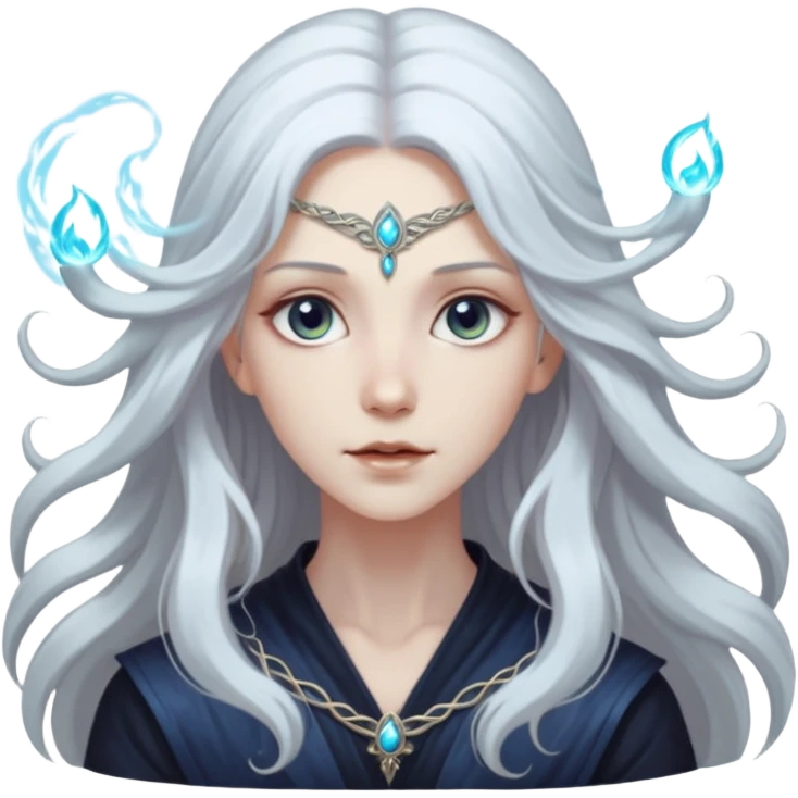 White silver Long Haired Women, Mystic seer — hair floating, glowing eyes emoji