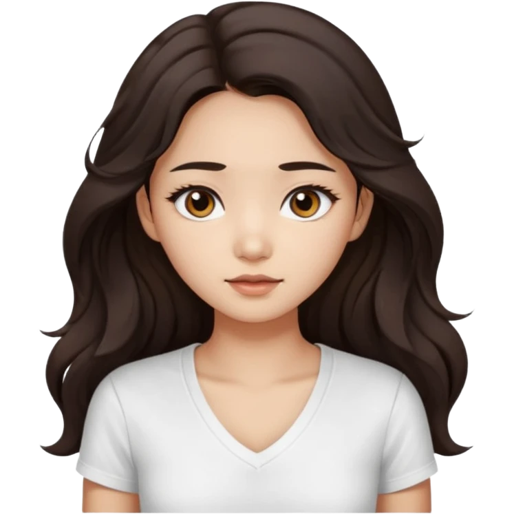 iOS style emoji. girl with very long dark brown wavy hair. And the eyes color is dark brown. And she is wearing white t shirt with V kneck. And she is 30. She is Asian with double eyelids  emoji