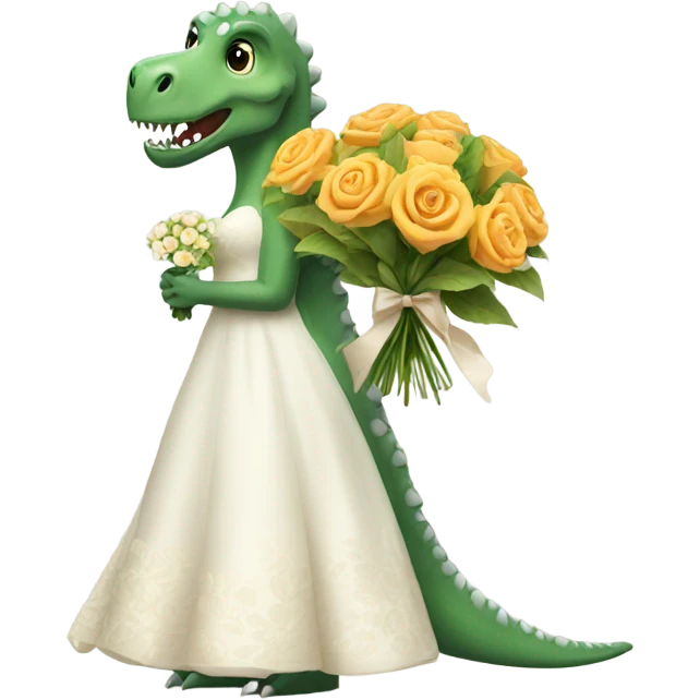 Dinosaur holding flowers in a wedding dress emoji