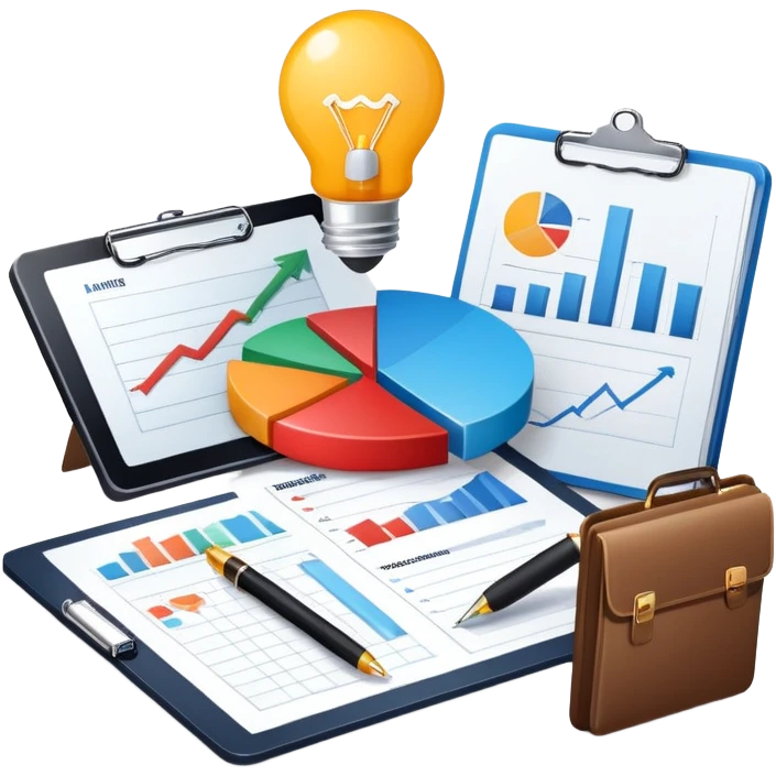 An icon featuring a pie chart, a megaphone, and a clipboard with strategy plans, symbolizing management and marketing. The design includes upward-trending graphs and a lightbulb for innovation, set against a modern office backdrop. Transparent background emphasizes business strategy and communication. emoji