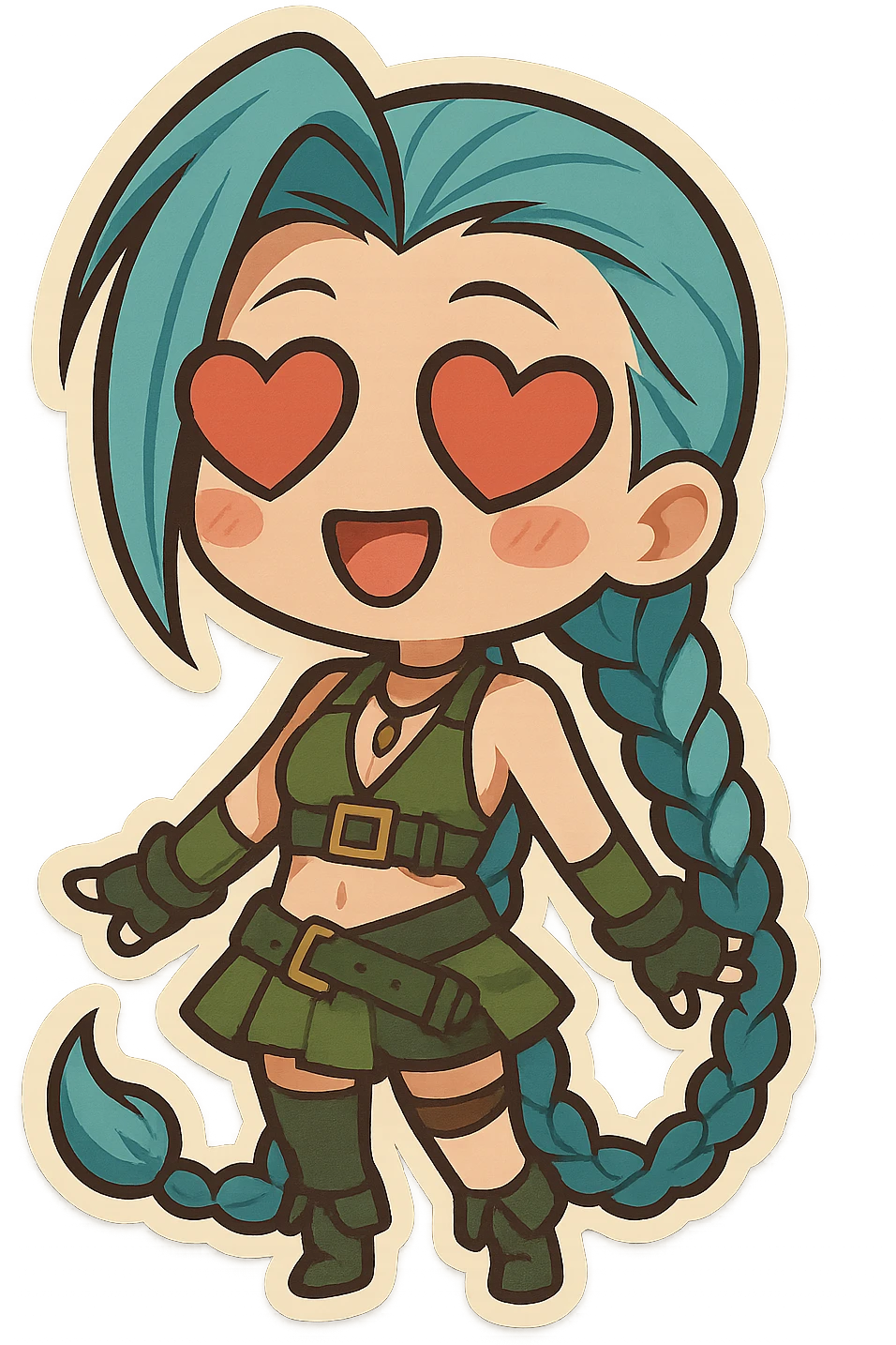 Jinx from League of Legends with heart-shaped eyes, chibi style, wearing a green outfit emoji