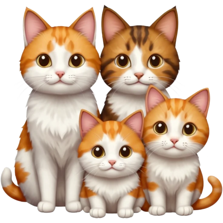3 different coloured small cats including a dark brown tabby and white, and a patchy calico, and a ginger and white emoji
