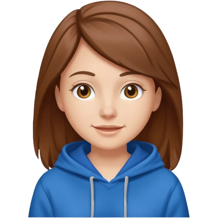 white female with brown hair wearing a blue hoodie, cheerful emoji