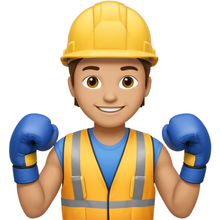 smiling construction worker with yellow helmet and blue boxing gloves emoji