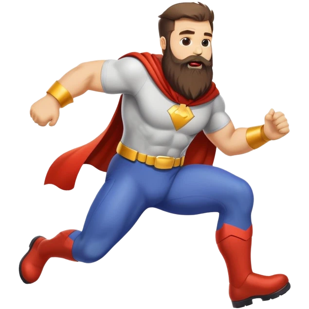 funny superhero with oversized beard tripping on his beard, clumsy superhero emoji