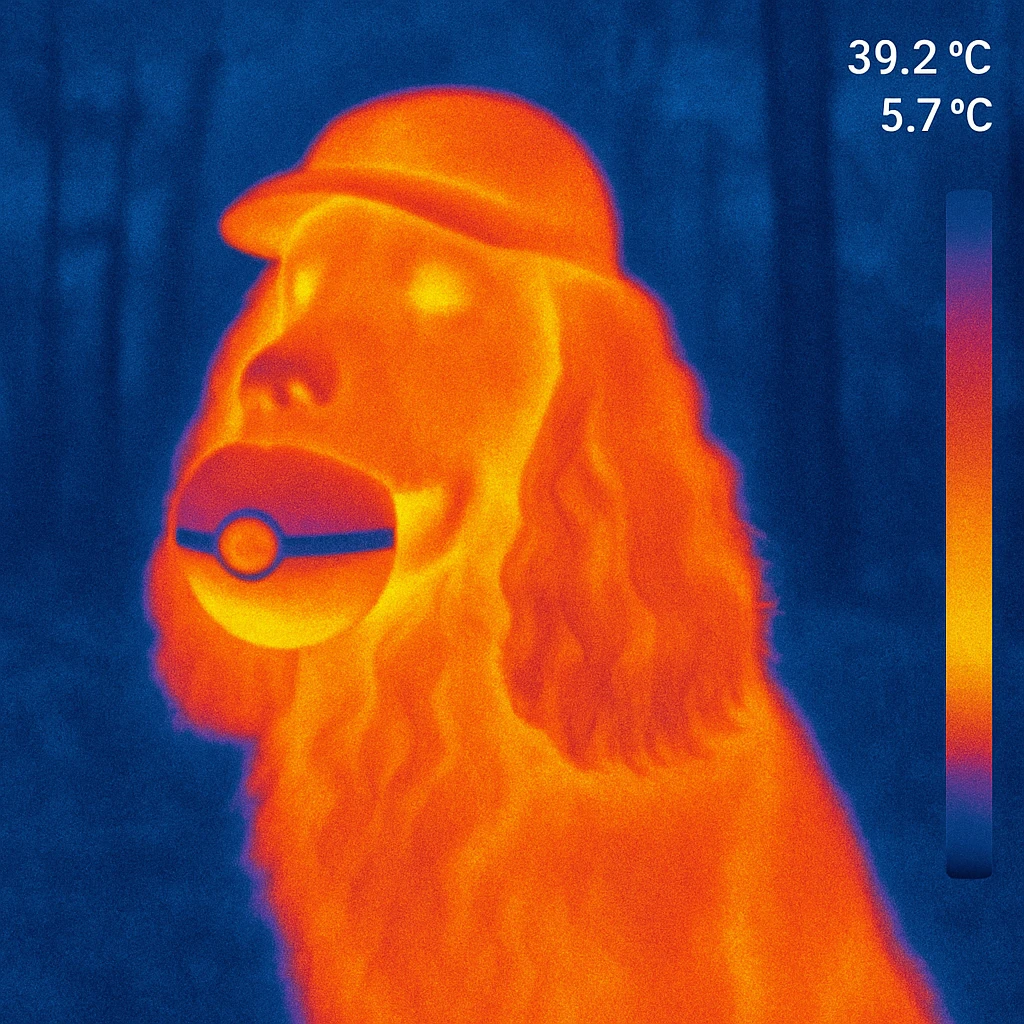Russian Cocker Spaniel with a Poké Ball in its mouth and a hat with a forest background emoji