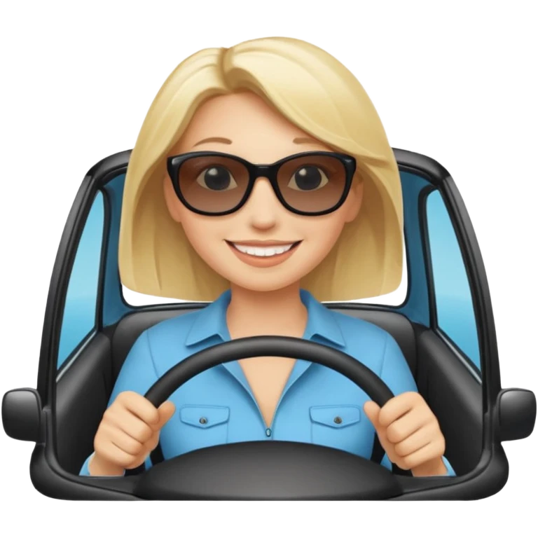 blonde woman driving car. Happy face confidence emoji