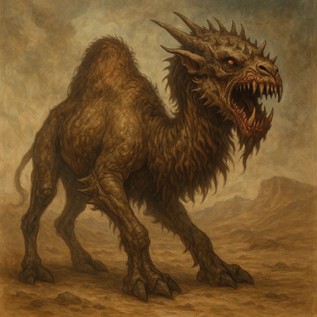 a camel monster, imaginative creature blending camel features with monstrous elements, detailed, fantasy art emoji