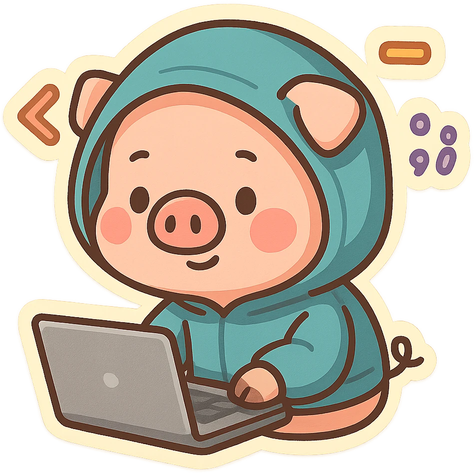 a pig hacker with a hoodie, surrounded by code, cartoon style, chibi stickers, cute, colorful emoji