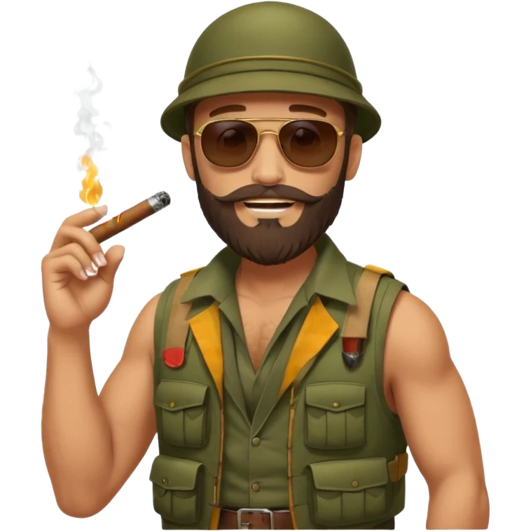 brauny vested sunglasses bearded jungle commando smoking a cigar with a grin emoji