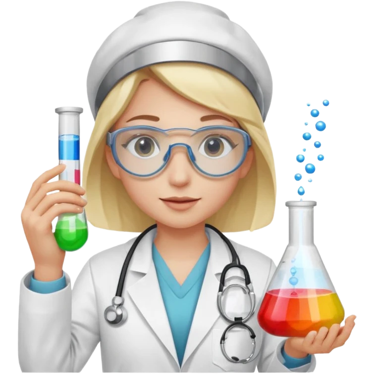 A person wearing safety goggles, a stethoscope, and a white coat. In one hand they hold a test tube containing chemicals  emoji