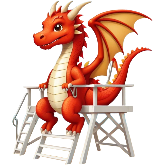 dragon in a white lifeguard uniform in the sun on the beach in a lifeguard stand emoji