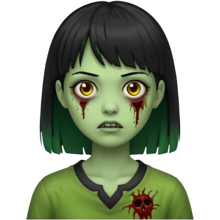 Emoji de uma garota zumbi com os cabelos longos, lisos e pretos. Ela usa uma franja curta. Pele verde  emoji