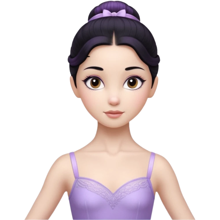 Cinematic Realistic ballerina Light Purple Portrait, depicted with lifelike skin texture, subtle rosy undertones, and soft natural lighting that enhances the gentle contours of her face. Her intricately detailed sweet black hair is elegantly styled, emoji