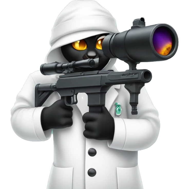 Black cat wearing lab coat through scope of sniper rifle  emoji