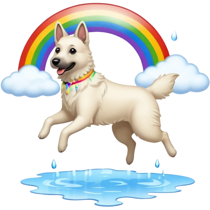 White belgian Shepard jumping over Rain puddles. There is a rainbow in the sky emoji