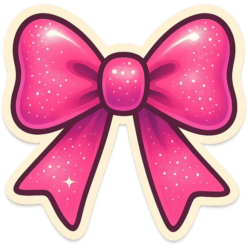 A cute pink bow sticker with a glossy finish, pink bow sticker with glitter details emoji