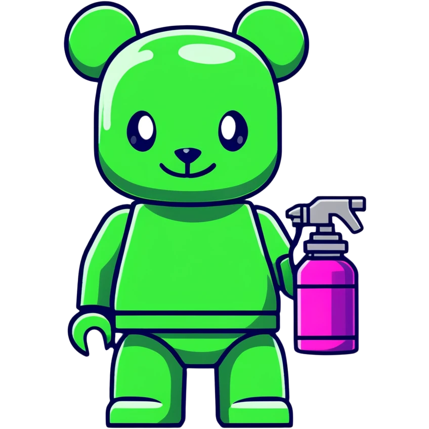 Lego style bearbrick with wild graffiti art patterns, X eyes, holding a spray paint can, vibrant colors emoji