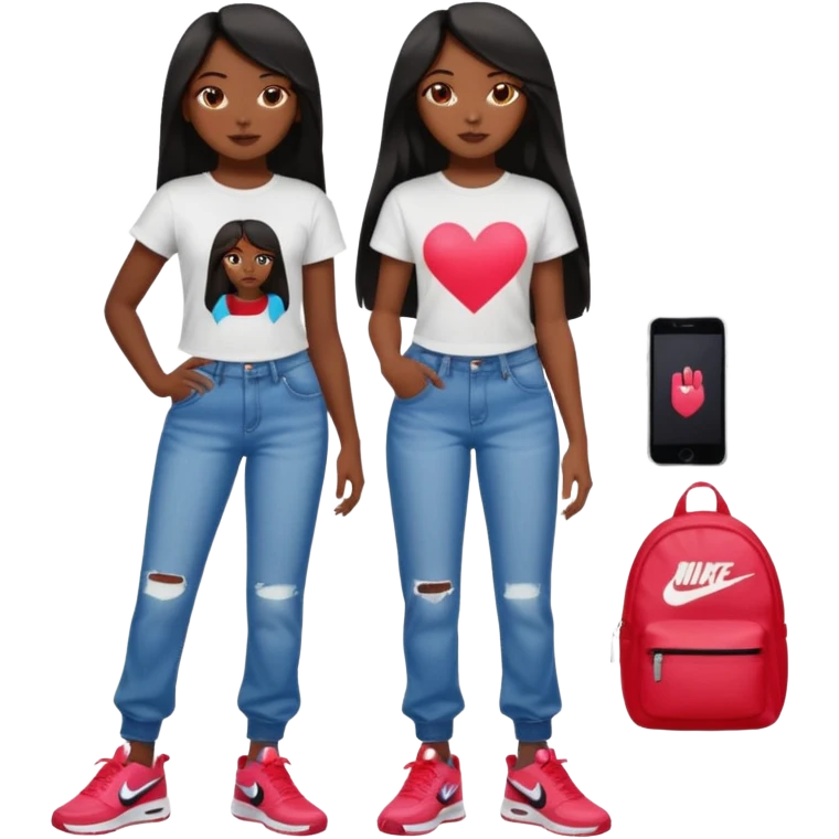 face girl with nails and cute make up black girl strait hair super long  top and slim body and baggy jeans and nike choes emoji