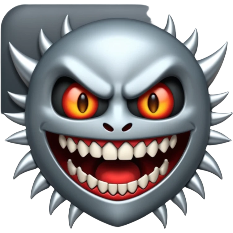 Stylized emoji icon of metallic teeth with sharp fangs, chrome texture, dark shadows, aggressive look emoji
