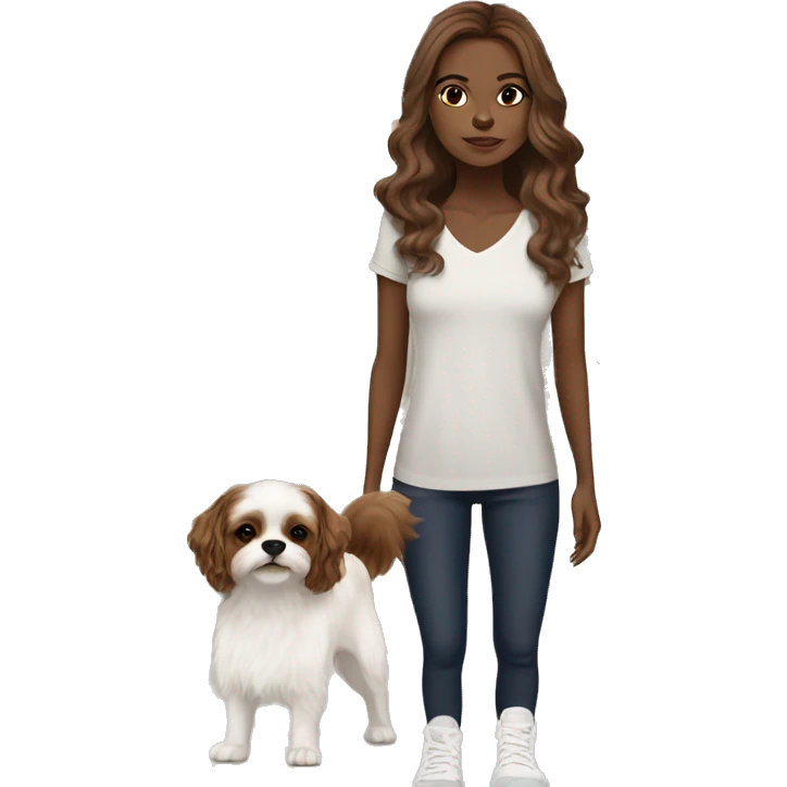 young woman with light bron skin, big brown eyes, tiny nose, long chocolate wavy hair. With a pair of sneakers on the background, add a house to the background, a shihtzu and a cihuahuadog emoji