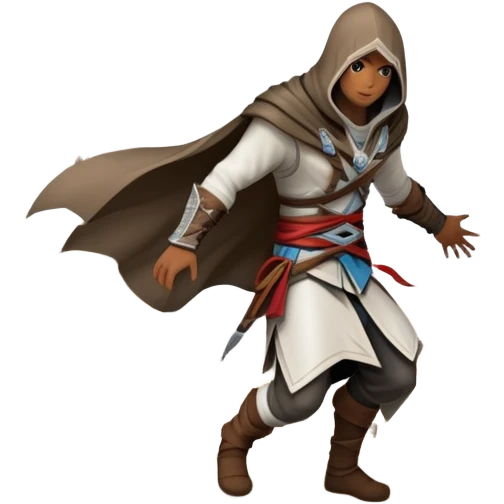 An icon representing an adventure game, inspired by Assassin's Creed. The design features a heroic character in hooded attire, scaling a tall building in a historical cityscape. The background shows ancient architecture and hidden symbols, symbolizing exploration and stealth. Transparent background  emoji