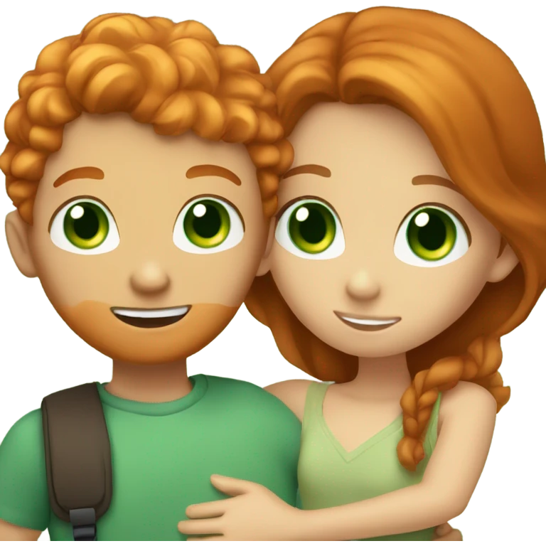 Ginger boy with blue eyes and brunette girl with green eyes couple hugging emoji