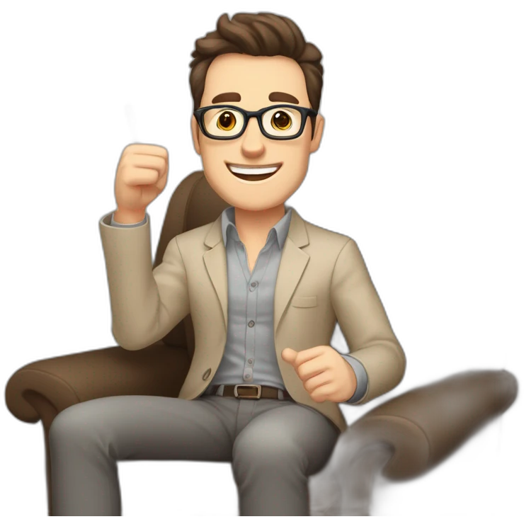 Joyful Celebrating victory Hands up Pale skinned Fit Man With dark brown hair in gray jacket, beige office shirt, Brown pants and vintage glasses sitting In a soft chair emoji