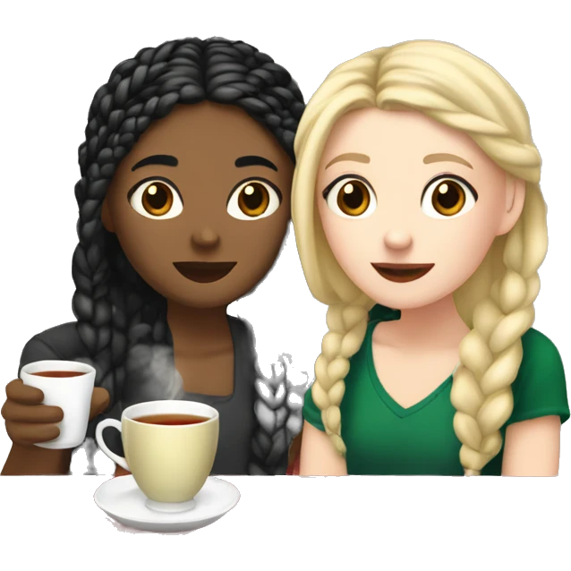 White girl with blonde hair and Asian girl with black hair in braids, drinking tea at Christmas time emoji