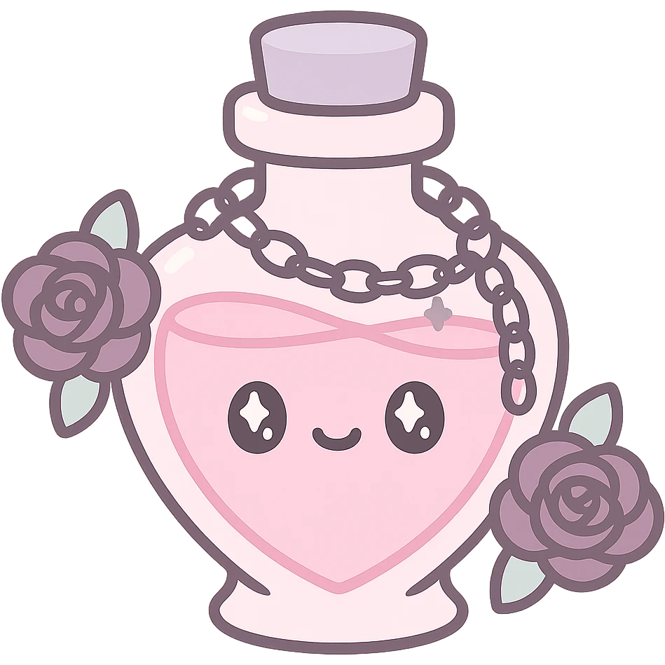 a pink potion in a gothic bottle, with dark roses and silver chains emoji