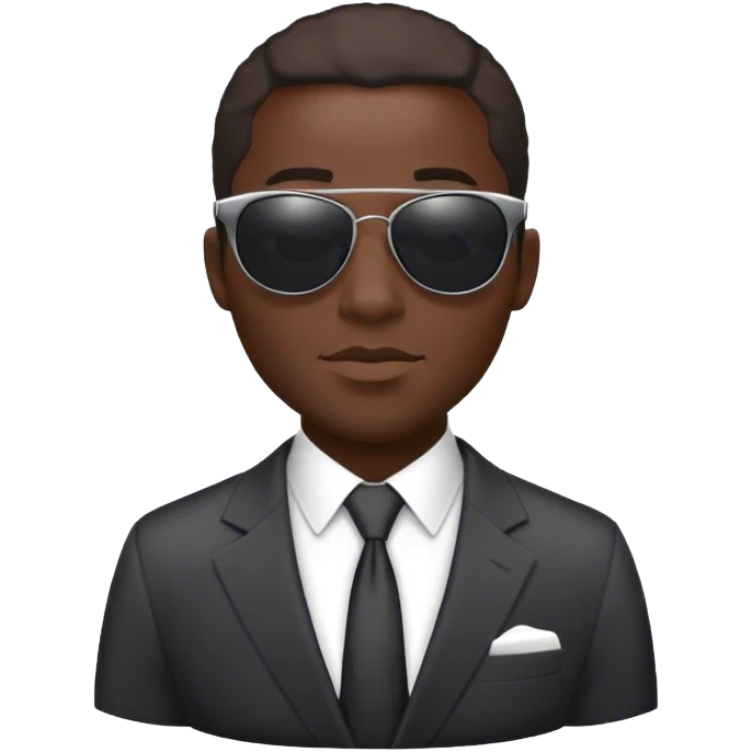 Dark-skinned African man with sunshades in an office background, wearing a suit.  emoji