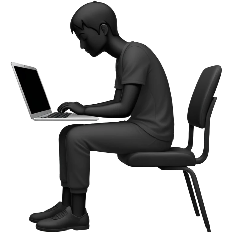 Minimalistic flat vector icon, iOS style, thin black contour on white background. Person silhouette sitting with a laptop, code brackets <> on the screen. Clean, no te emoji