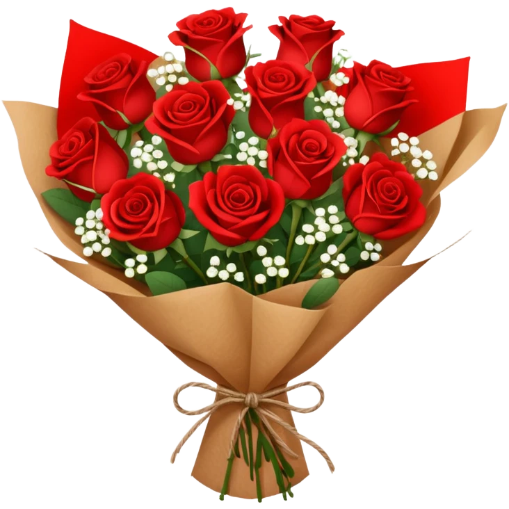 A brown paper-wrapped bouquet of fresh roses and baby’s breath emoji