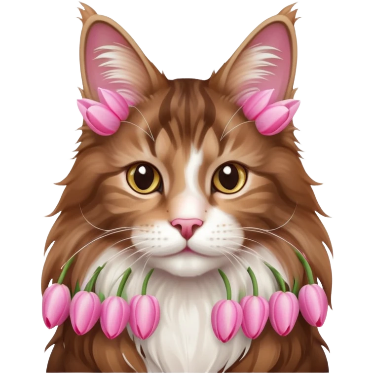 A cute  little  brown and white Maine coon and Pink tulip emoji