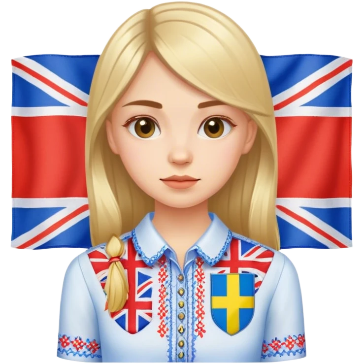 Ukrainian girl in an embroidered shirt against the background of the British flag emoji